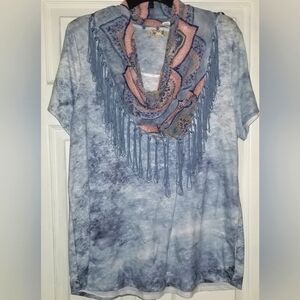 ONE WORLD Blue Short Sleeve Tee Top W/ Print Fringed Cowl Neck Scarf - XL